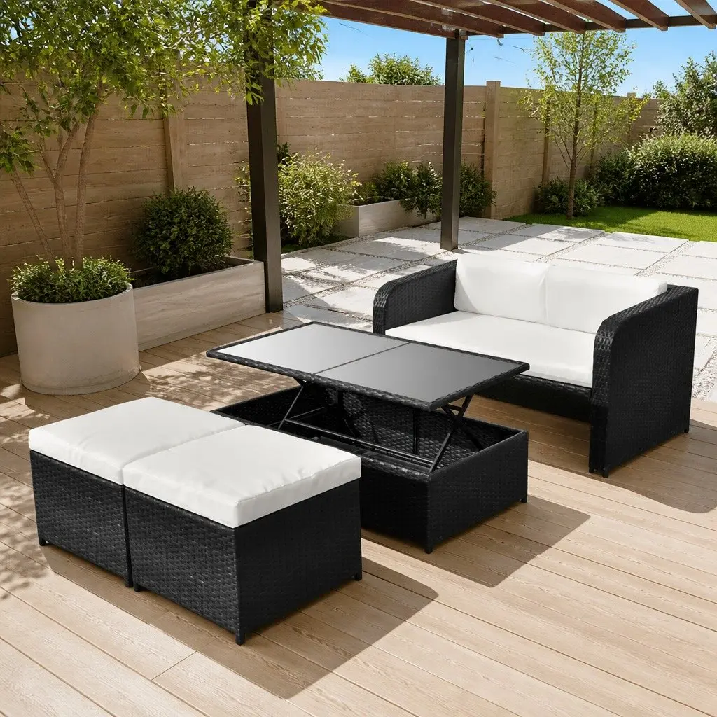 Garden Lounge Set Powder-Coated Steel PE Rattan 4 Piece Black