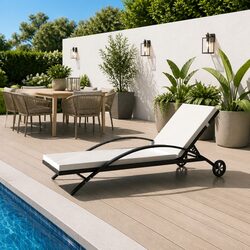 Sun Lounger with Cushion and Wheels Outdoor Patio Garden Reclining Lounge Bed