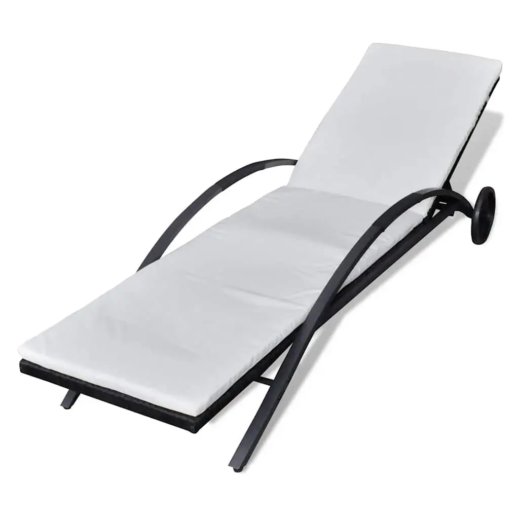 Sun Lounger PE Rattan Adjustable Backrest Black with Cushion and Wheels