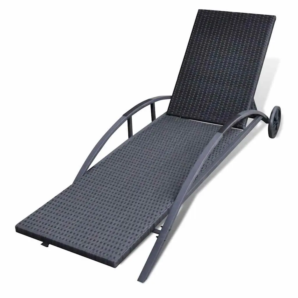 Sun Lounger PE Rattan Adjustable Backrest Black with Cushion and Wheels