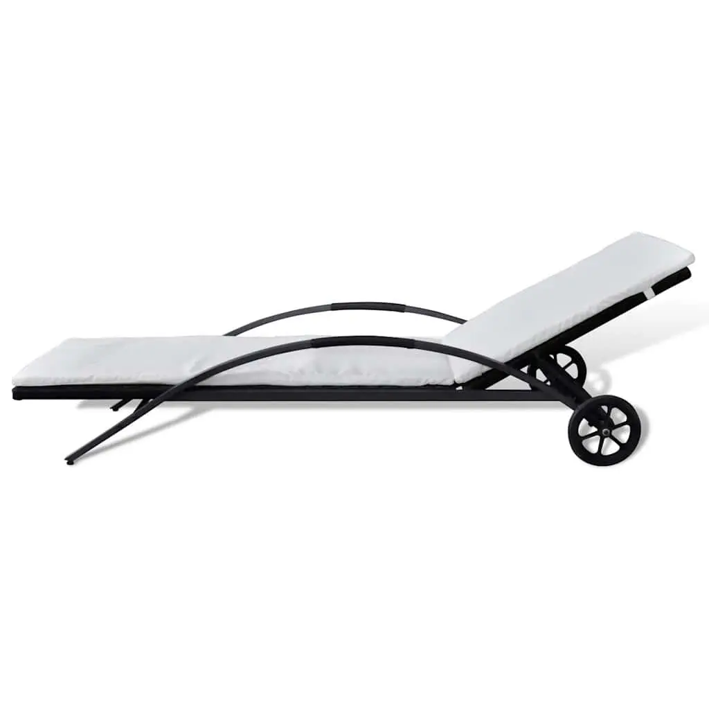 Sun Lounger PE Rattan Adjustable Backrest Black with Cushion and Wheels