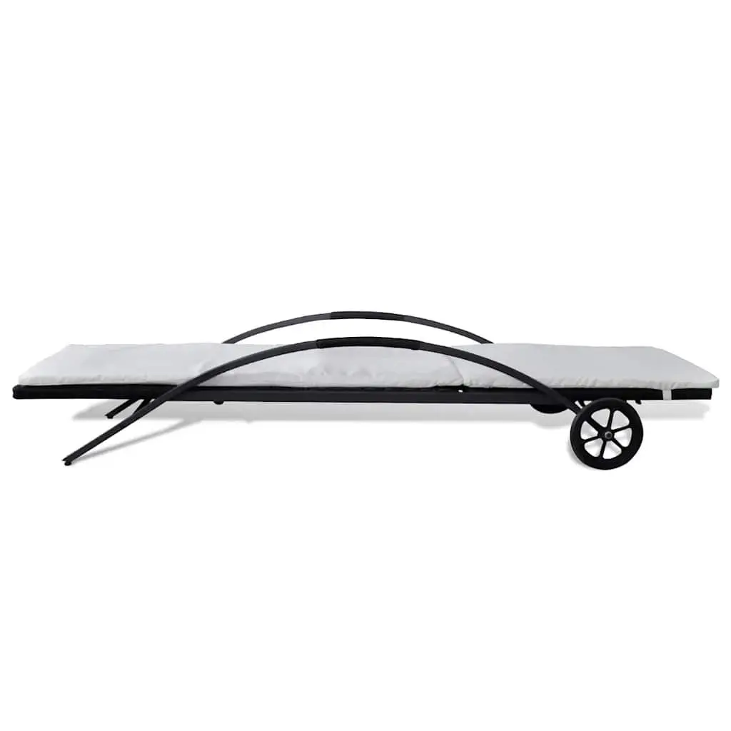 Sun Lounger PE Rattan Adjustable Backrest Black with Cushion and Wheels