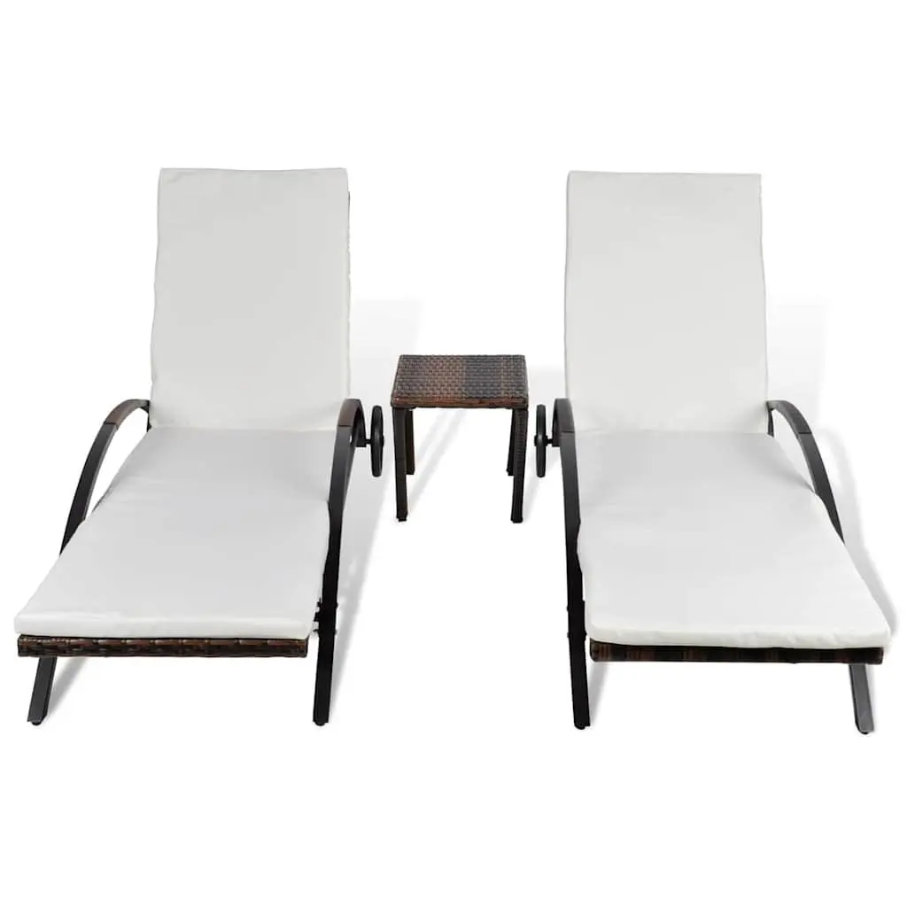 Sun Loungers PE Rattan Brown Adjustable Backrests with Table Garden Patio Outdoor Furniture Set