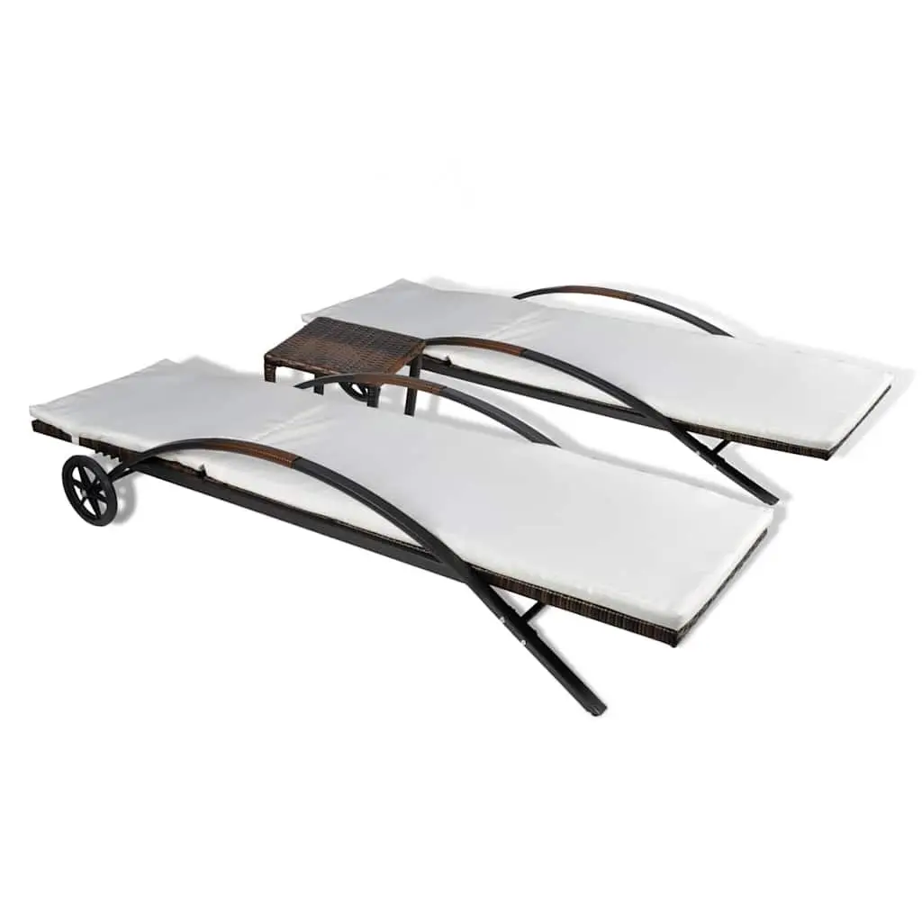 Sun Loungers PE Rattan Brown Adjustable Backrests with Table Garden Patio Outdoor Furniture Set