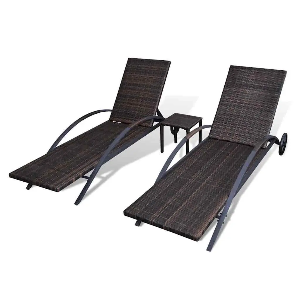 Sun Loungers PE Rattan Brown Adjustable Backrests with Table Garden Patio Outdoor Furniture Set