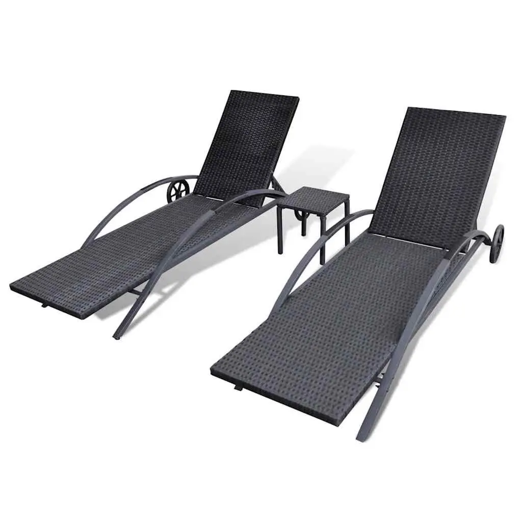 Sun Loungers PE Rattan Black Outdoor Patio Garden Furniture Set 3 Piece