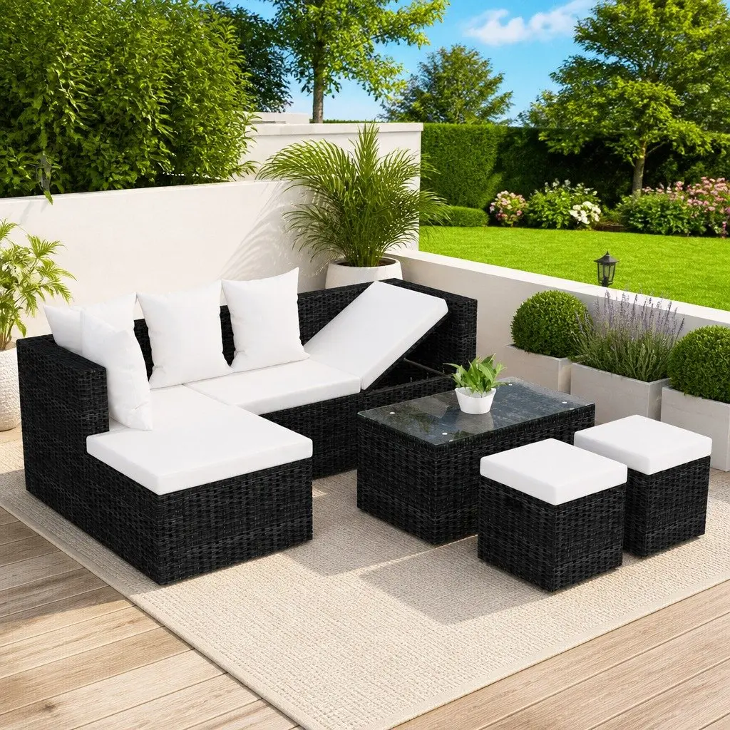 Garden Lounge Set PE Rattan Outdoor Furniture 4 Piece Corner Sofa with Cushions Black