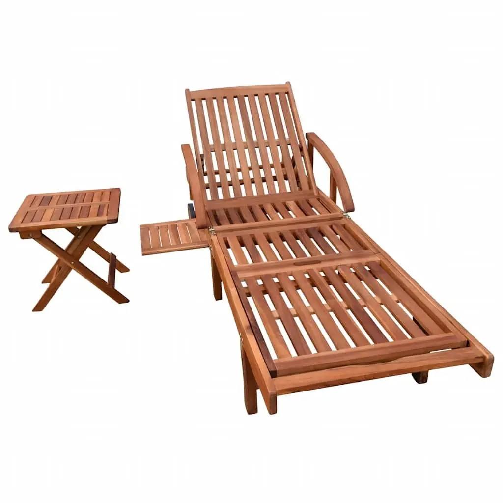 Sun Lounger Solid Acacia Wood Brown Outdoor Chaise Lounge with Folding Table