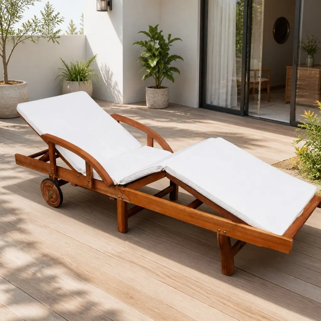 Sun Lounger Wooden Adjustable Backrest Outdoor Garden Daybed Brown