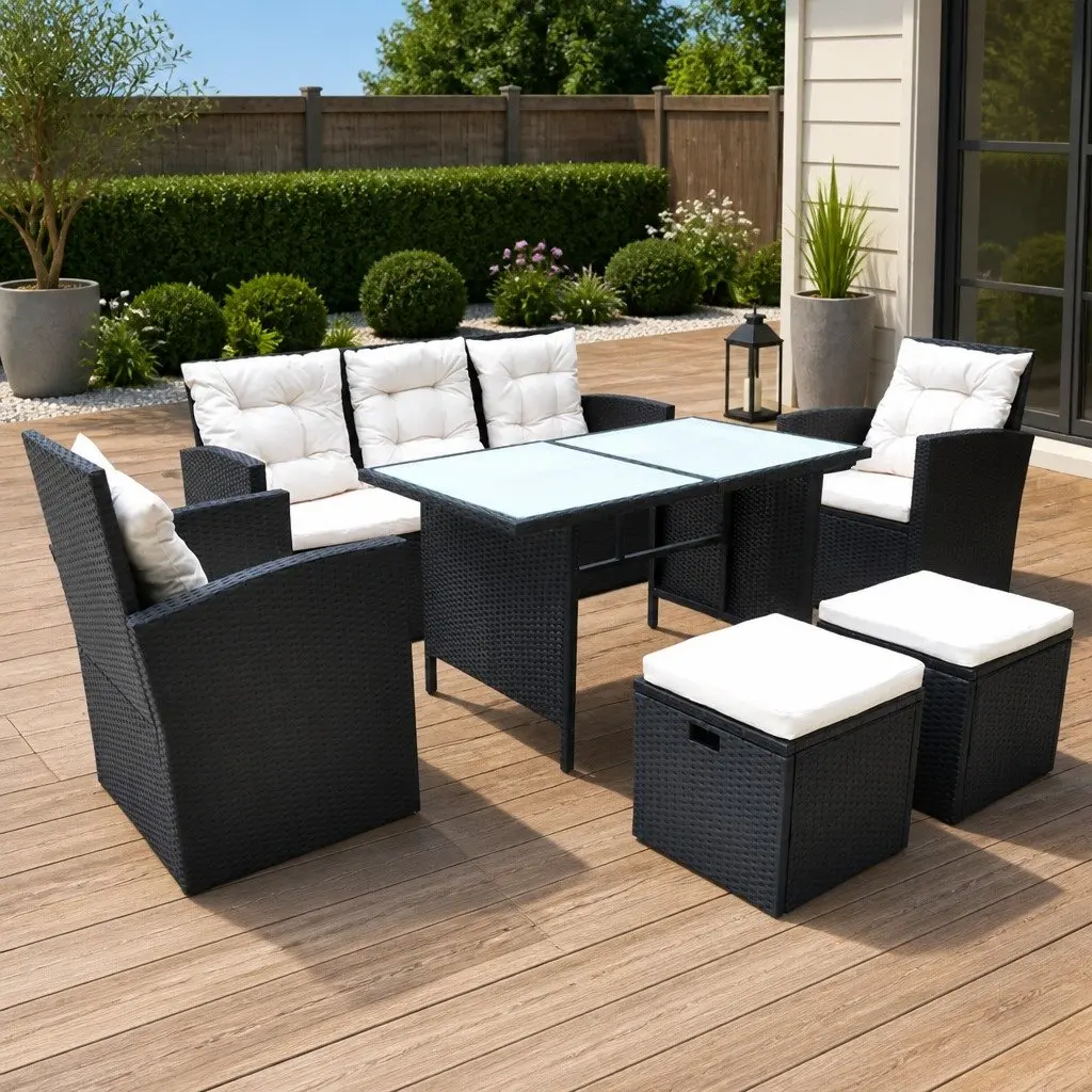 Outdoor Dining Set 6 Piece Weather Resistant Poly Rattan Garden Furniture Black