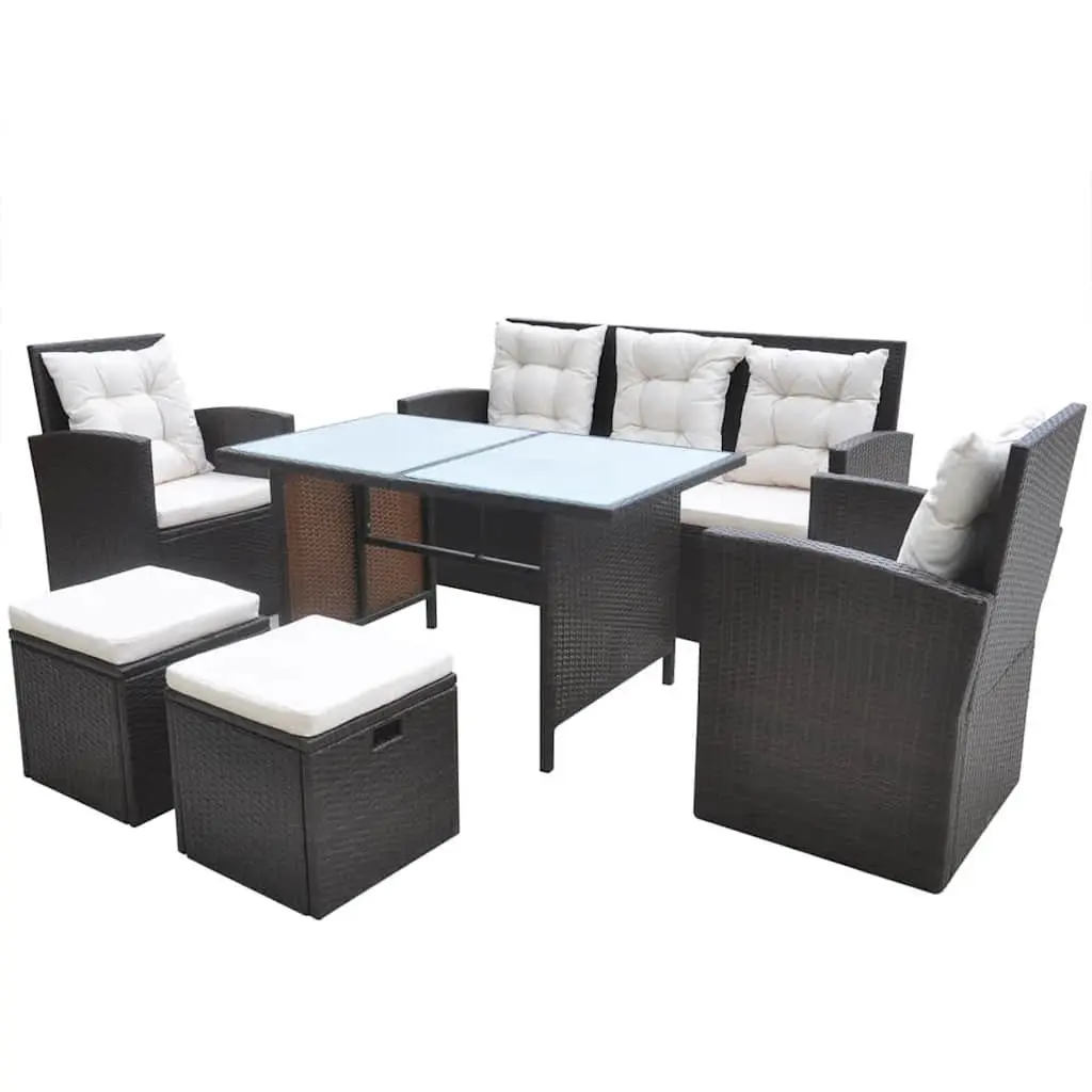 Outdoor Dining Set Rattan Furniture 6 Piece Garden Patio Brown with Cushions