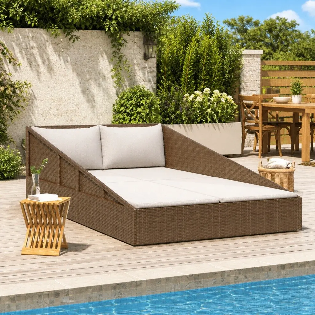 Brown Outdoor Patio Lounger 110x200cm 2-Person Daybed with Cushions and Pillows Weather-Resistant PE Rattan Construction