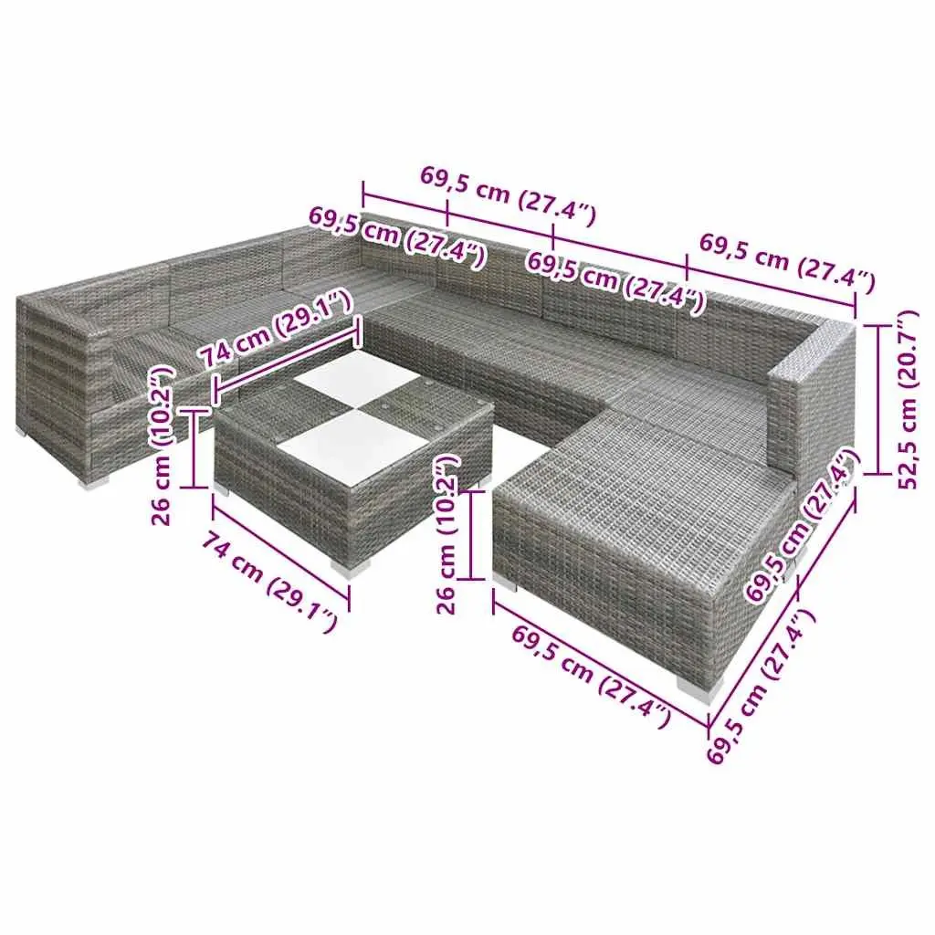 8 Piece Outdoor Lounge Set PE Rattan Steel Frame Grey Sofa Garden Furniture