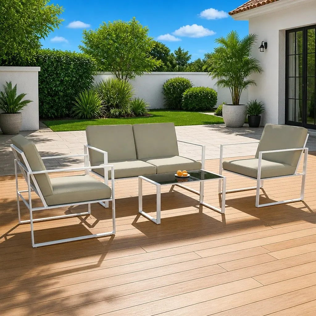 Outdoor Lounge Set Powder-Coated Steel Frame Textilene Seats 4 Piece White