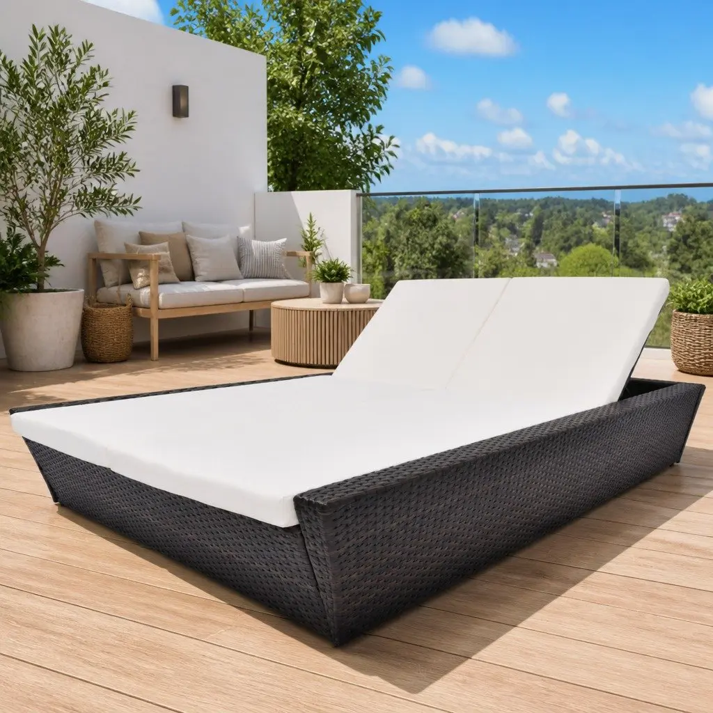 Double Outdoor Lounge Bed PE Rattan Weather-Resistant Adjustable Backrests Brown