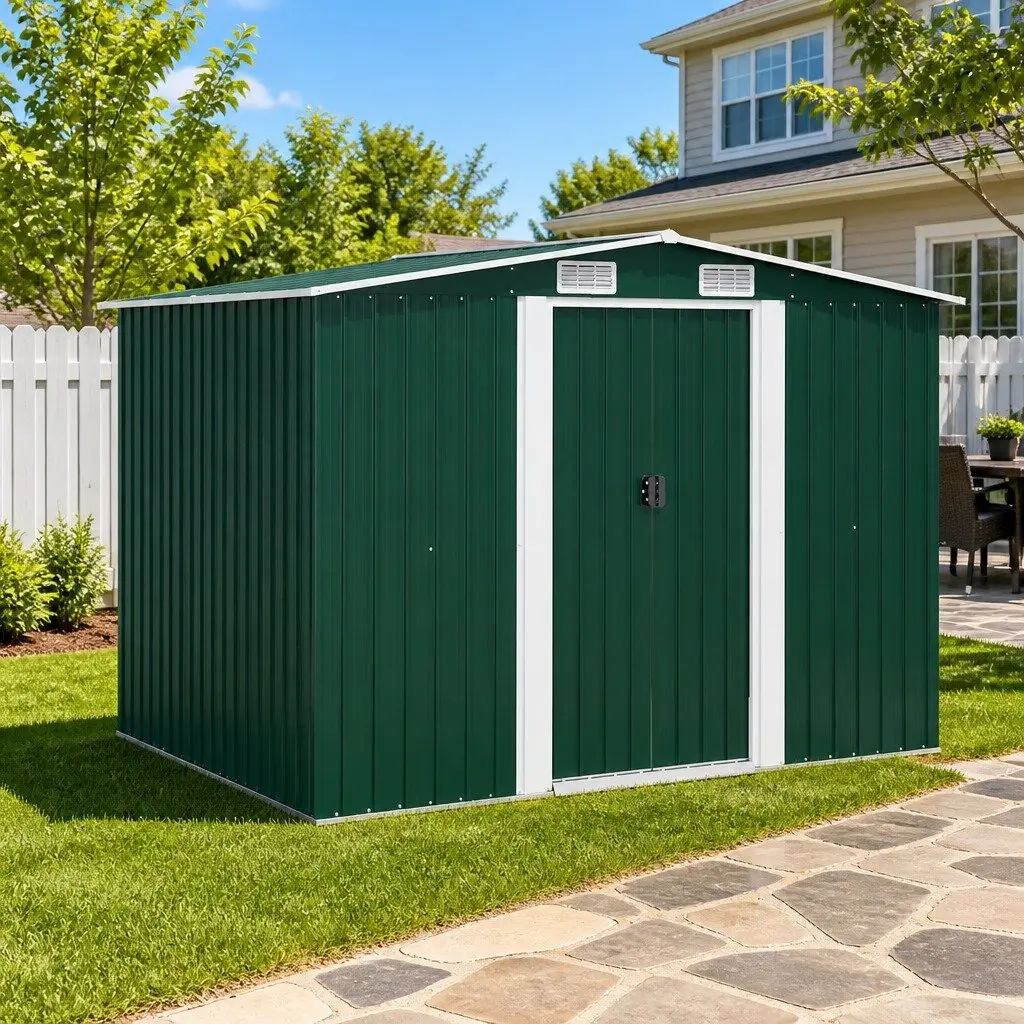 Metal Garden Storage Shed Galvanised Steel Green 257 x 205 x 178 cm Double Sliding Doors