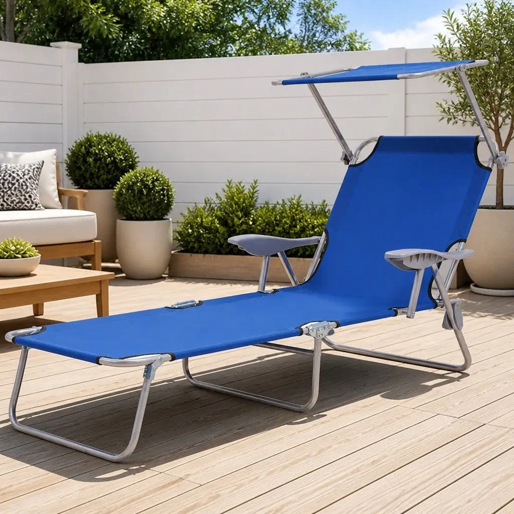 Blue Sun Lounger with Adjustable Canopy for Relaxation