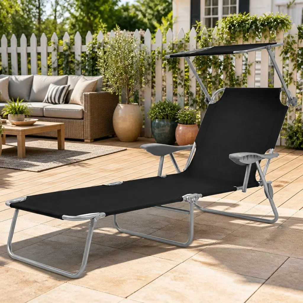 Foldable Outdoor Lounge Chair with Adjustable Canopy for Beach Relaxation Black