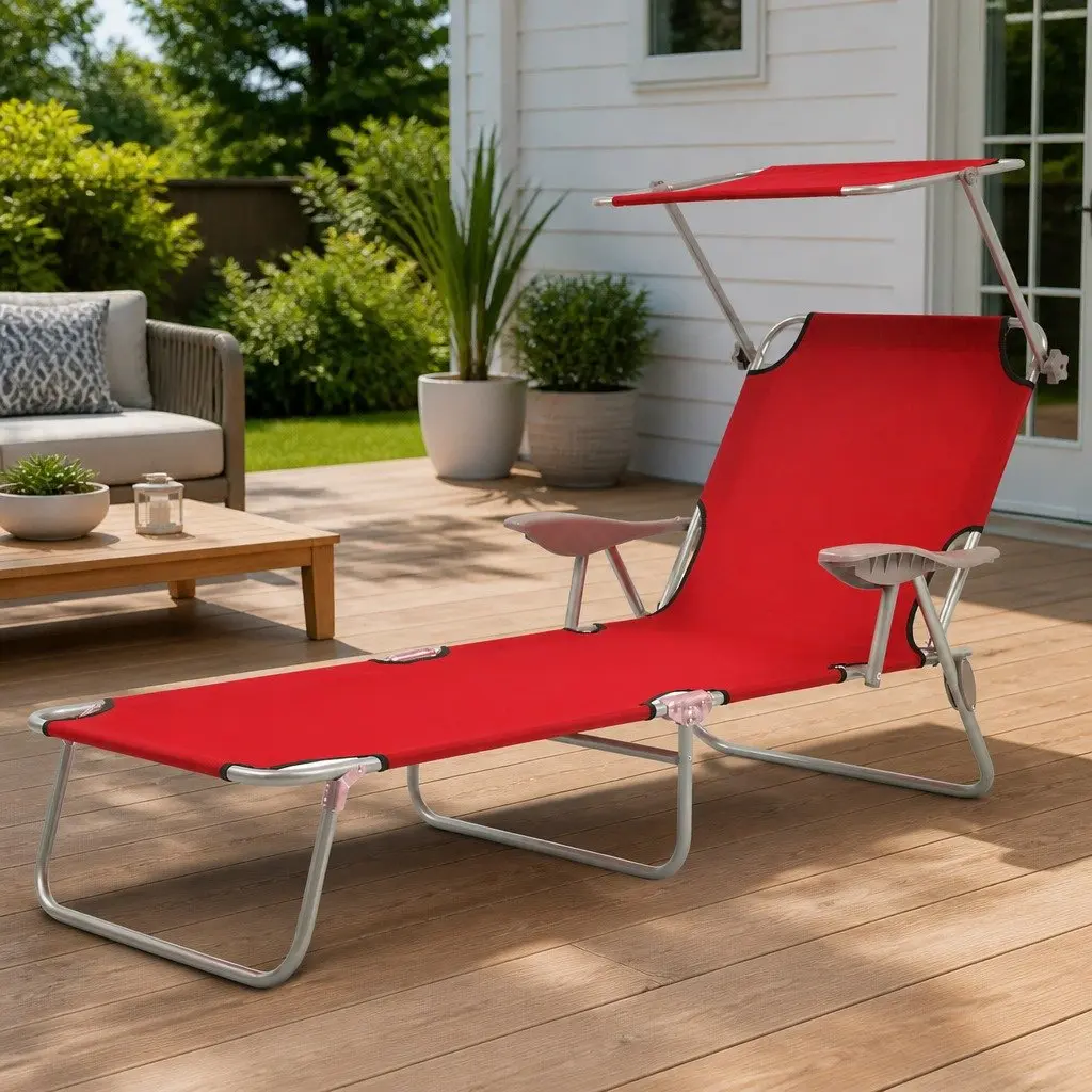 Foldable Beach Chair Red with Adjustable Canopy and Backrest Outdoor Sun Lounger
