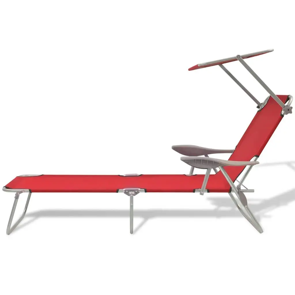 Foldable Beach Chair Red with Adjustable Canopy and Backrest Outdoor Sun Lounger