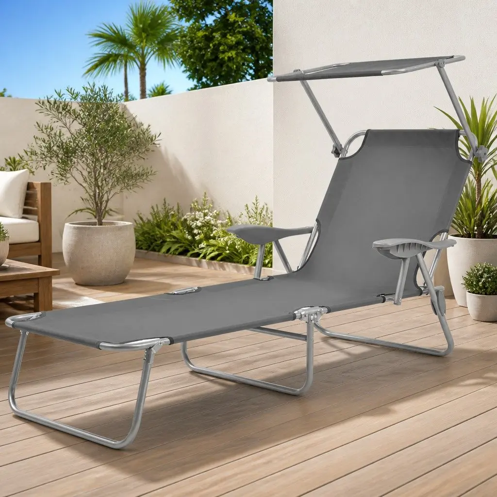 Sun Lounger Adjustable Canopy Foldable Chair Grey Outdoor