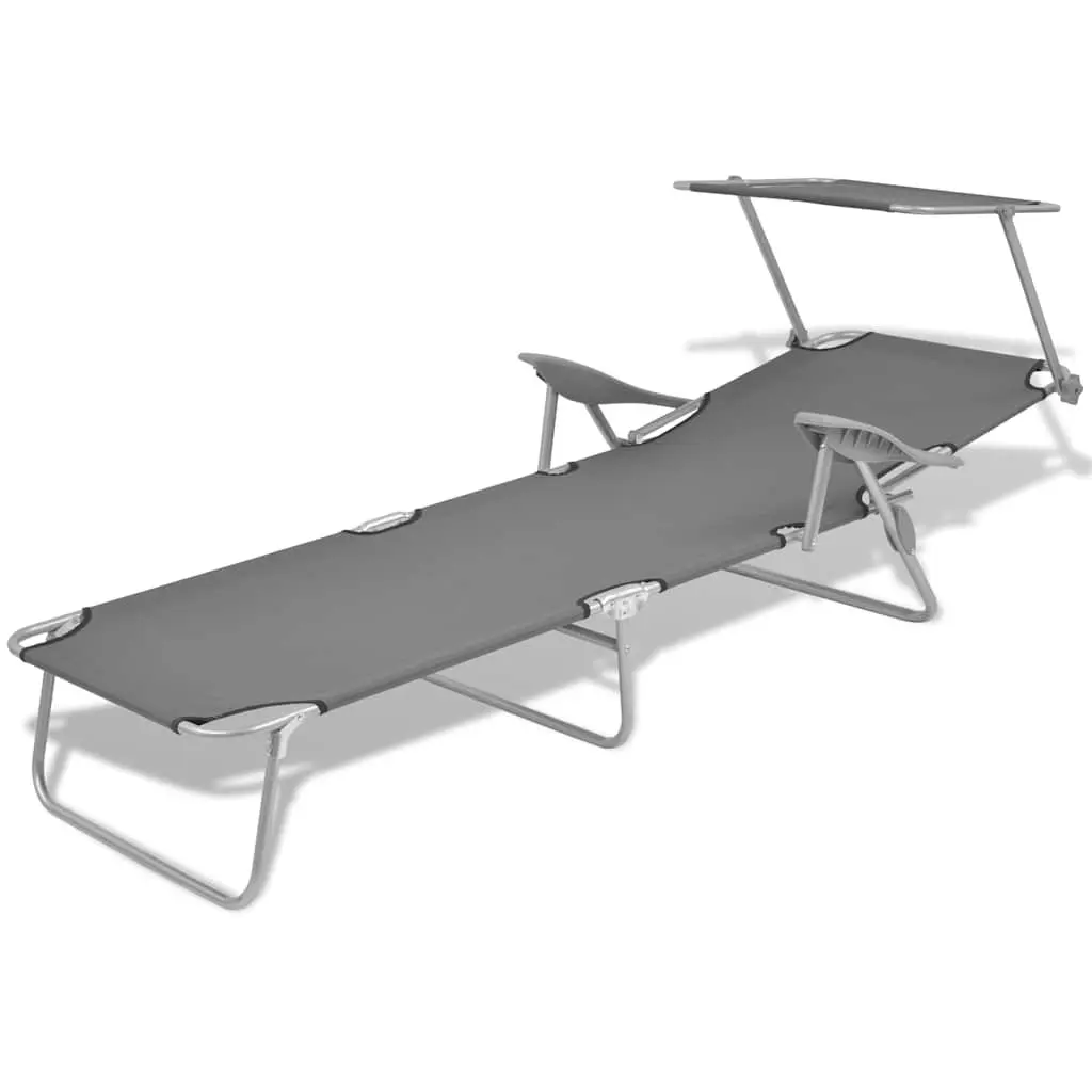 Sun Lounger Adjustable Canopy Foldable Chair Grey Outdoor