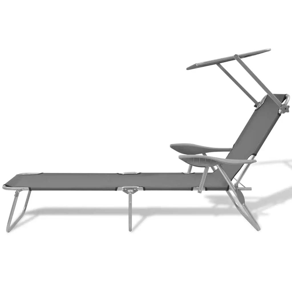 Sun Lounger Adjustable Canopy Foldable Chair Grey Outdoor