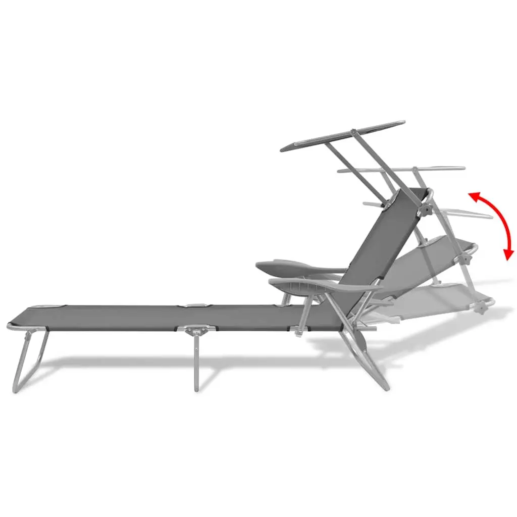 Sun Lounger Adjustable Canopy Foldable Chair Grey Outdoor