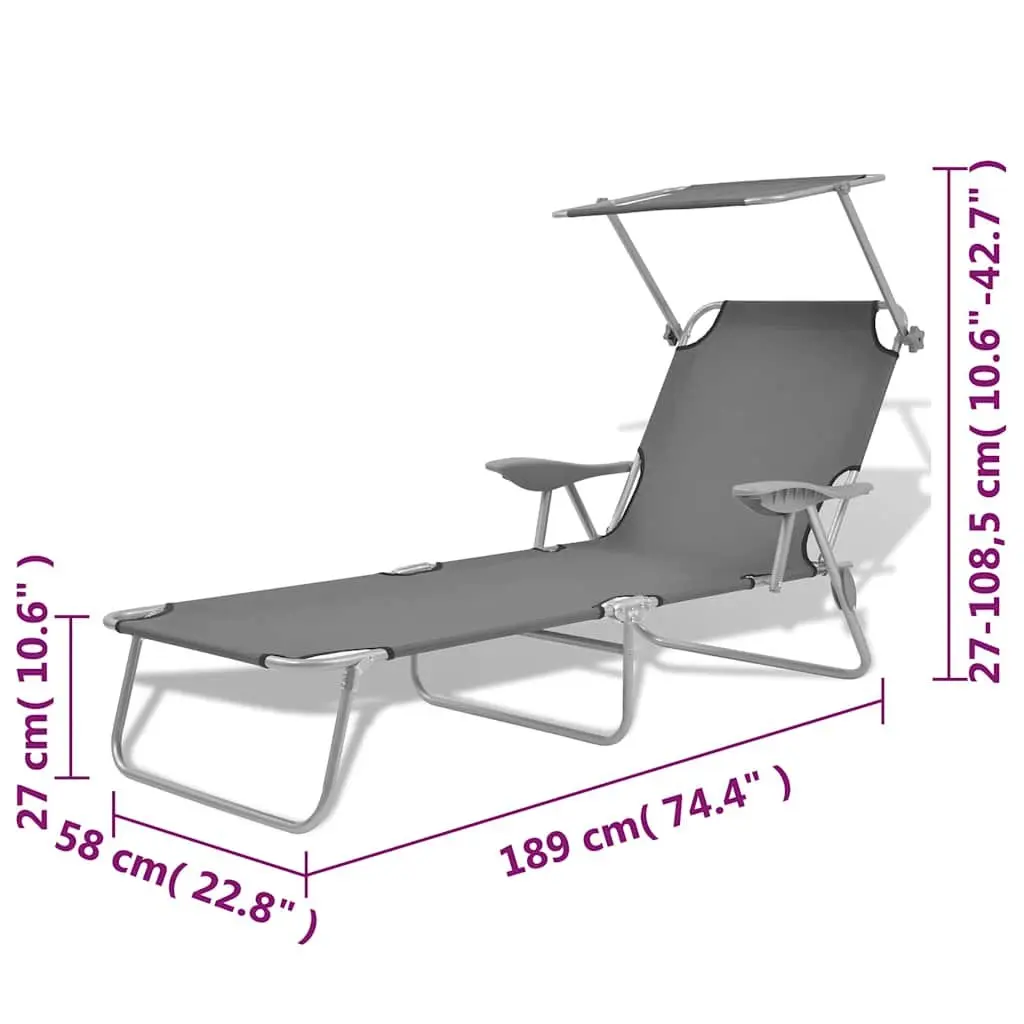 Sun Lounger Adjustable Canopy Foldable Chair Grey Outdoor