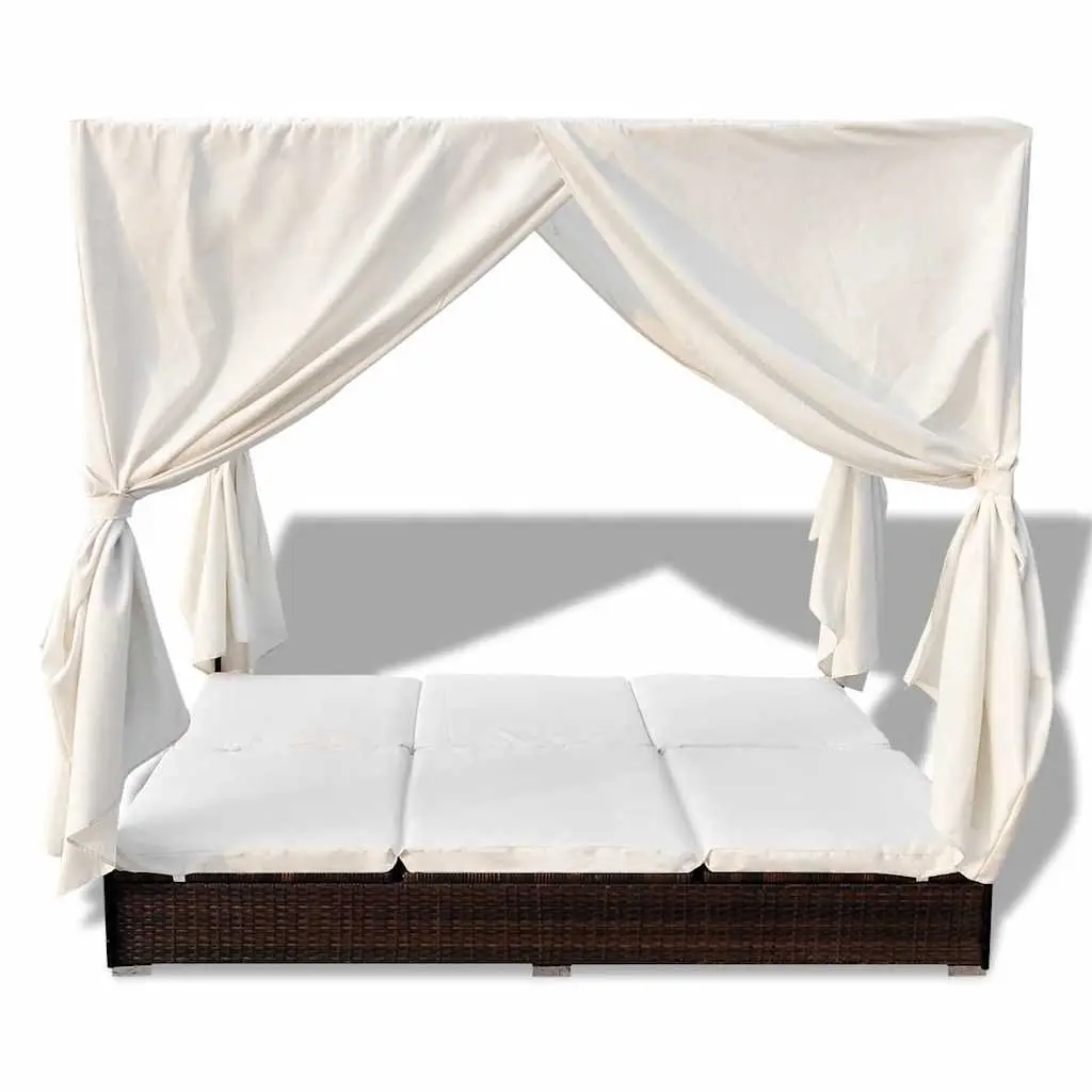 Outdoor Lounge Bed PE Rattan Brown for 2 People with Curtains