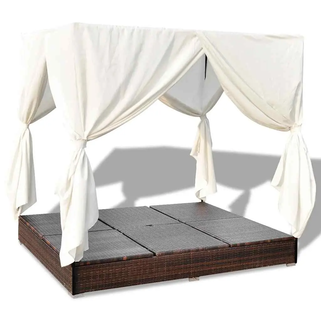 Outdoor Lounge Bed PE Rattan Brown for 2 People with Curtains