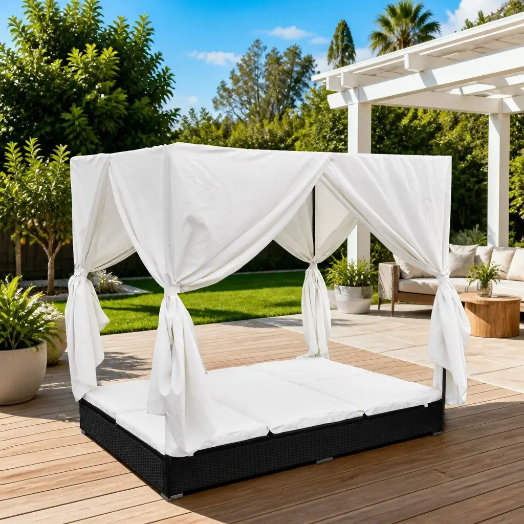 Outdoor Lounge Bed Poly Rattan Daybed Black with Curtains for 2 Adjustable 7 Position