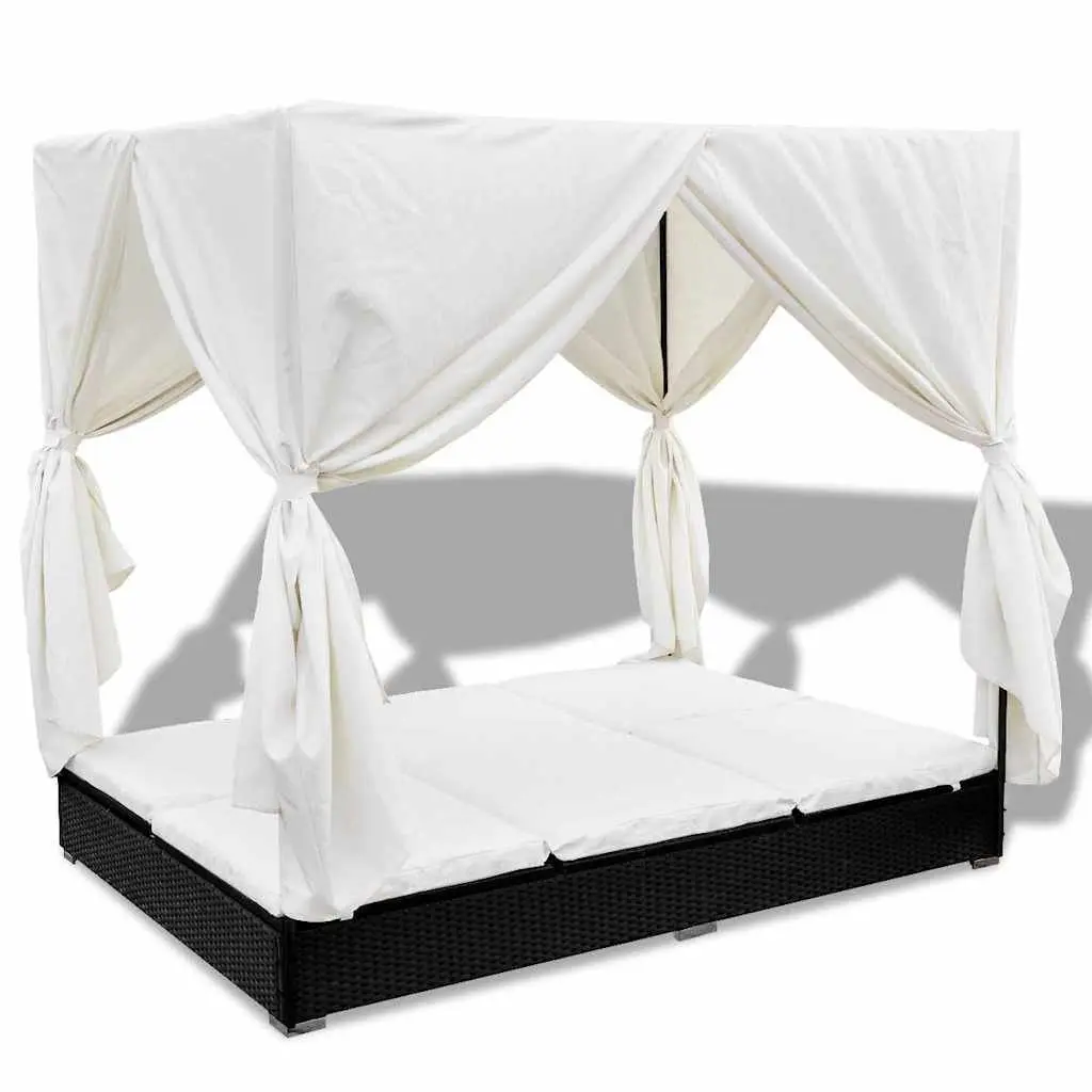 Outdoor Lounge Bed Poly Rattan Daybed Black with Curtains for 2 Adjustable 7 Position