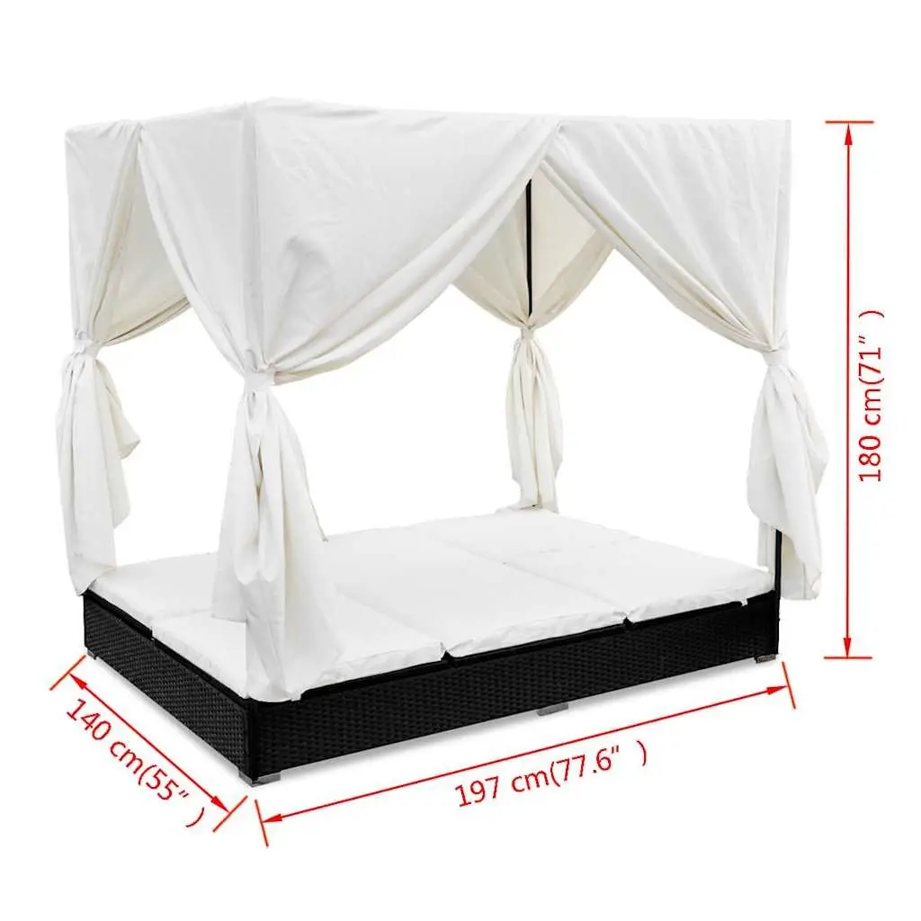 Outdoor Lounge Bed Poly Rattan Daybed Black with Curtains for 2 Adjustable 7 Position