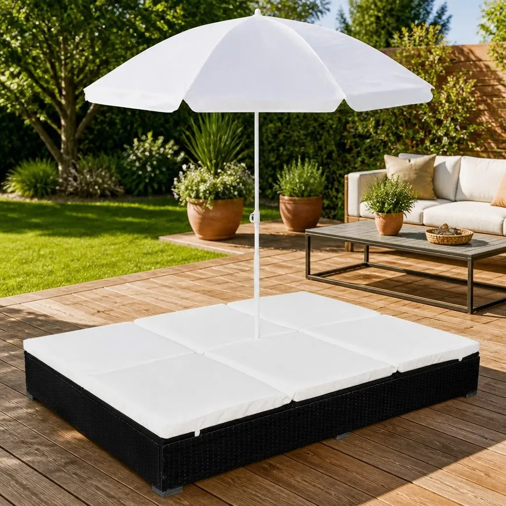 Outdoor Lounge Bed PE Rattan Daybed for 2 People Adjustable Black