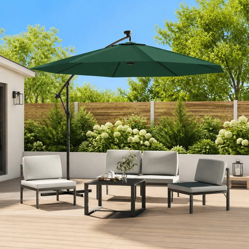 Hanging Garden Parasol UV Resistant Polyester 300 cm Green with LED Lighting