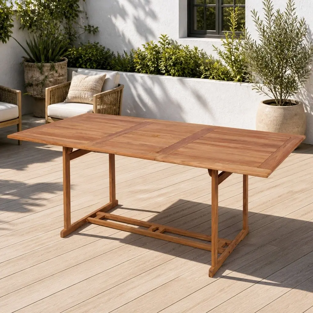 Teak Wood Outdoor Dining Table 180x90x75cm Brown Patio Garden Furniture with Parasol Hole