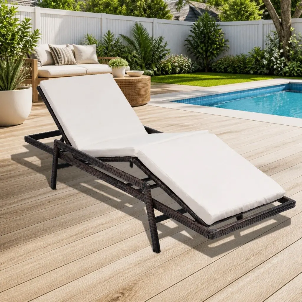 Sun Lounger Rattan Adjustable Reclining Chair Outdoor Garden Bed with Cushion Brown