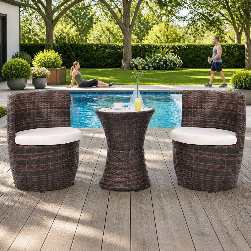 3 Piece Bistro Set Rattan Steel Frame Brown Outdoor Garden Patio Furniture with Cushions