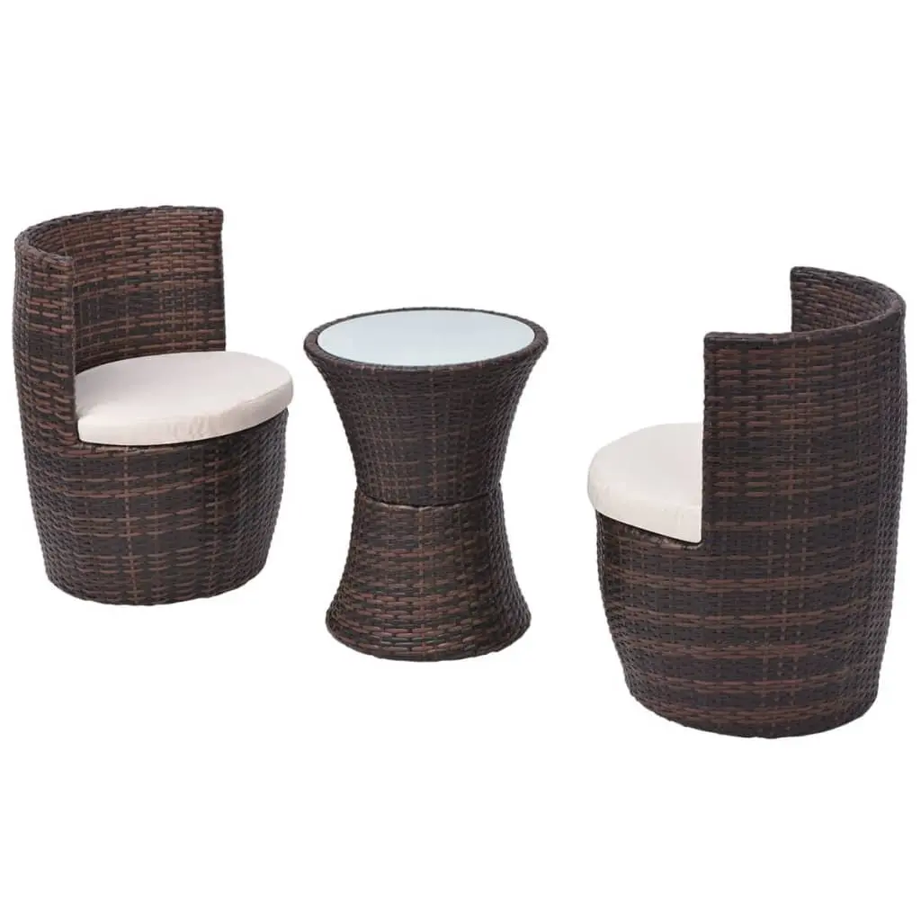 3 Piece Bistro Set Rattan Steel Frame Brown Outdoor Garden Patio Furniture with Cushions
