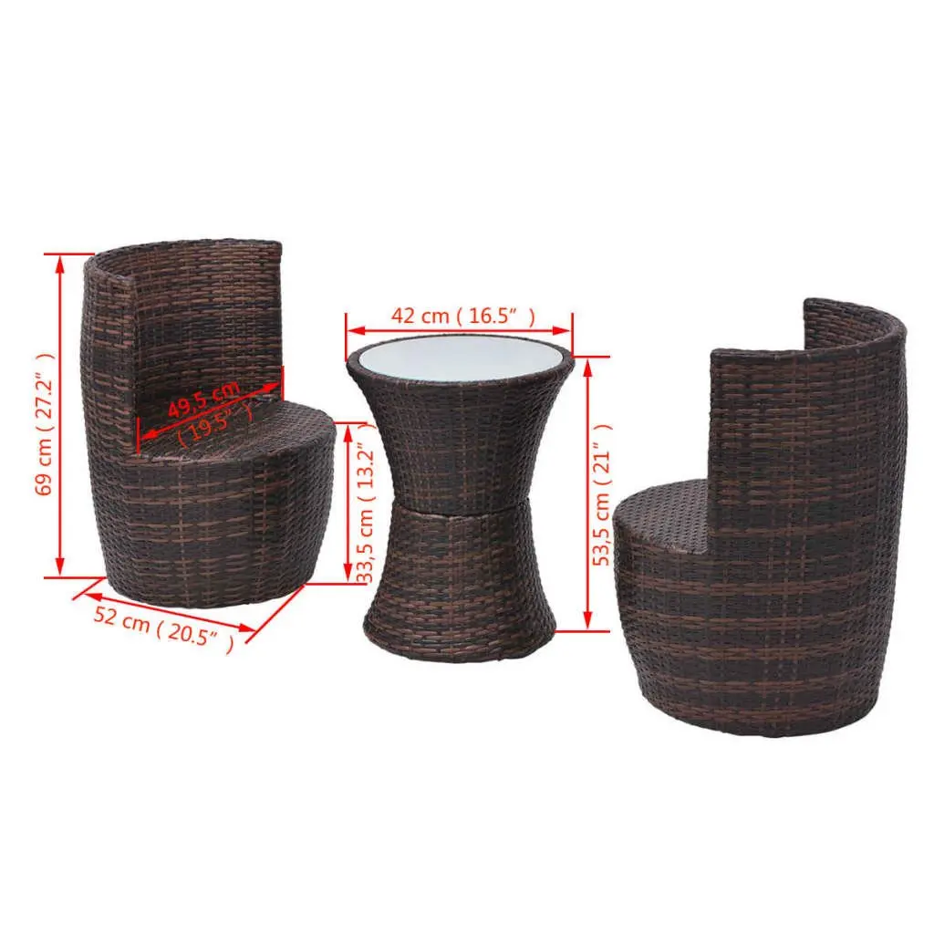3 Piece Bistro Set Rattan Steel Frame Brown Outdoor Garden Patio Furniture with Cushions