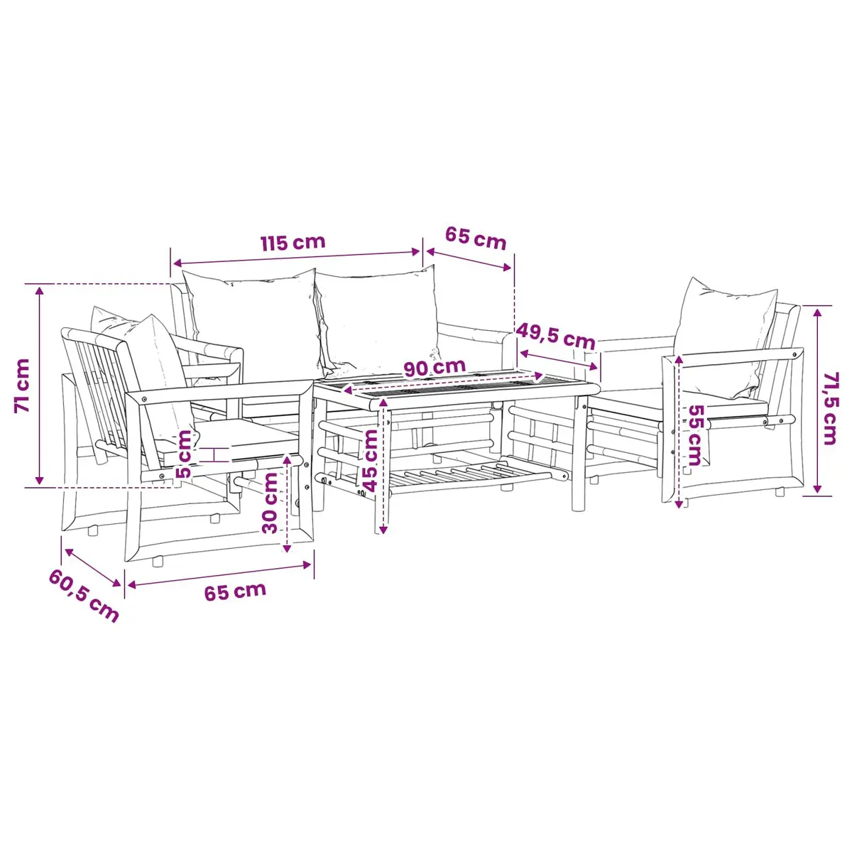 4 Piece Bamboo Garden Lounge Set Outdoor Furniture with Cushions Bench Chairs