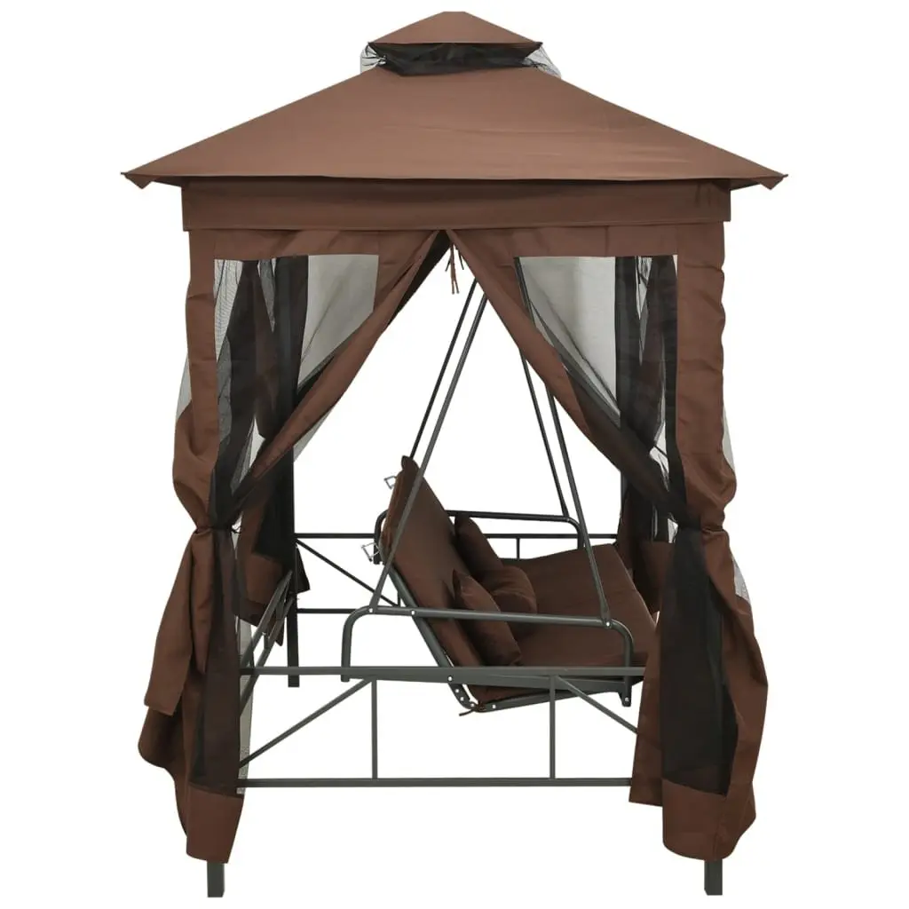 Gazebo Swing Bench Steel Brown Outdoor Two Seater Canopy Convertible with Pillows