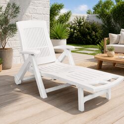 White Plastic Sun Lounger Reclining Deck Chair Outdoor Garden Patio Folding