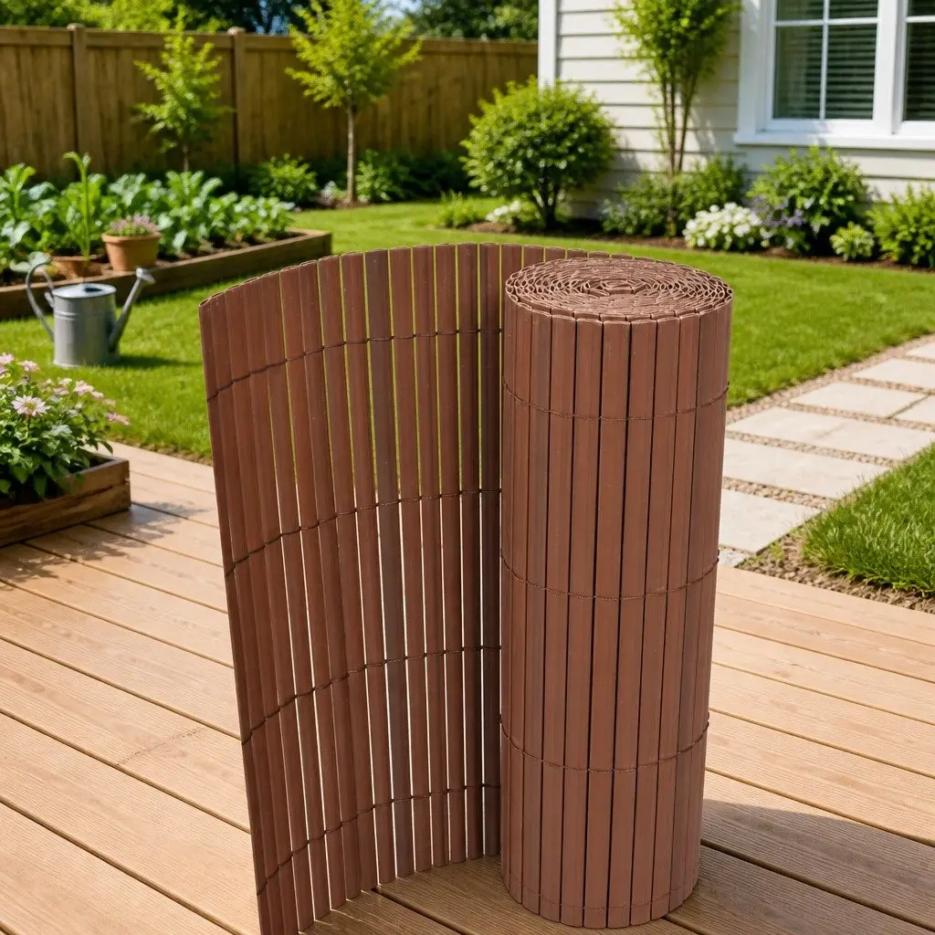 Brown Double-Sided Garden Fence Panel PVC Outdoor Screening Barrier 90x500cm