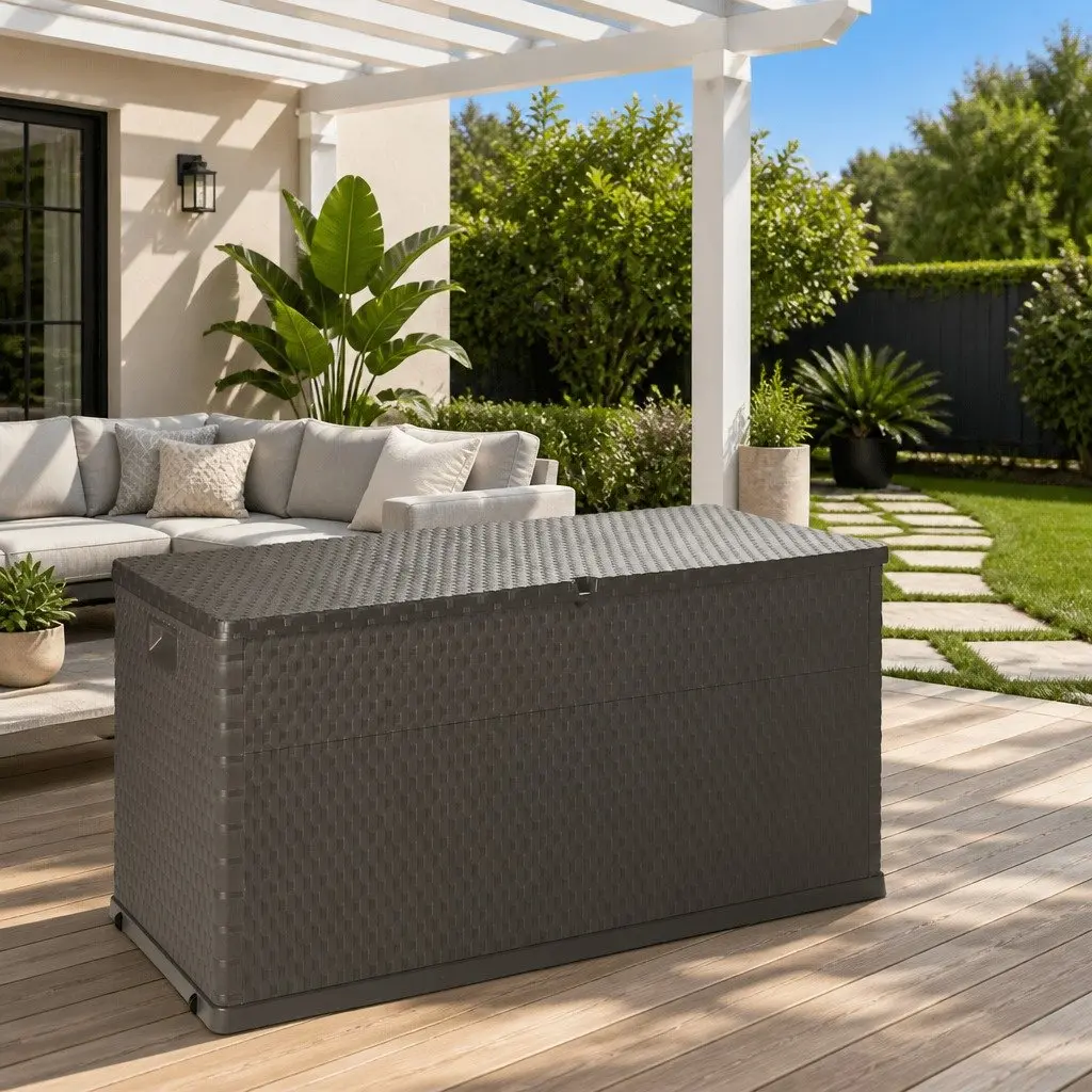 Garden Storage Box Polypropylene 120 x 56 x 63 cm Brown Outdoor Patio Rattan Effect Furniture
