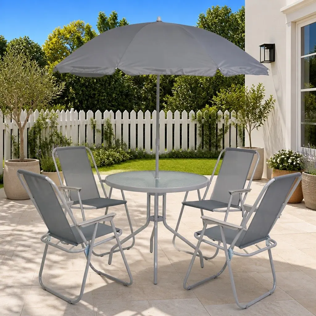 Outdoor Dining Set Grey Garden Furniture 6 Piece Stackable Chairs Table with Umbrella Tempered Glass