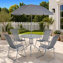 6 Piece Outdoor Dining Set with Chairs Table and Umbrella Grey Garden Furniture