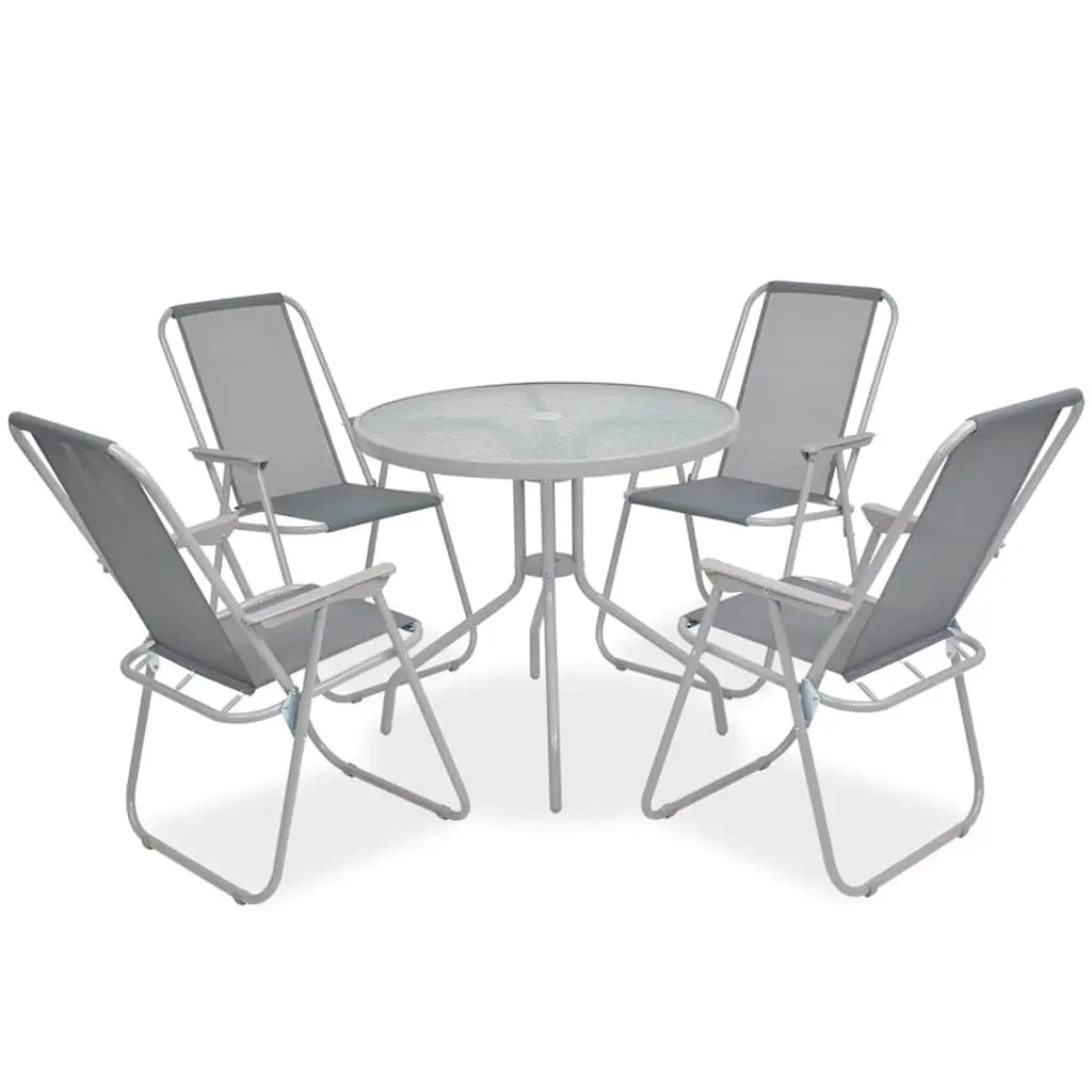 Outdoor Dining Set Grey Garden Furniture 6 Piece Stackable Chairs Table with Umbrella Tempered Glass