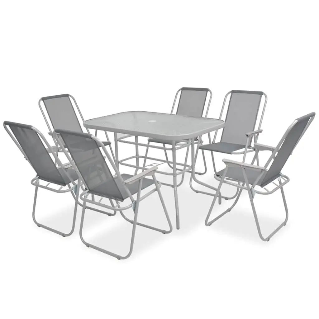 8 Piece Grey Dining Set Steel Textilene Chairs Glass Table with Umbrella for Outdoor Patio